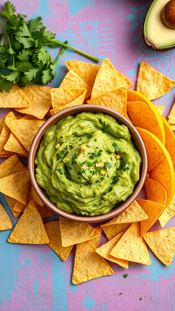 A bowl of homemade guacamole surrounded by tortilla chips and fresh cilantro on a colorful background.