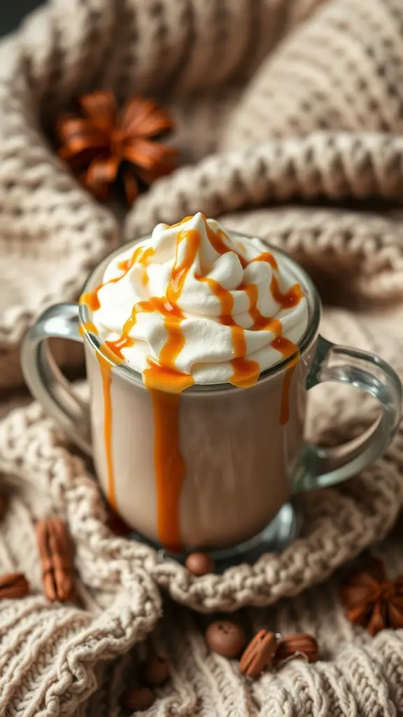A cozy mug of salted caramel hot chocolate topped with whipped cream and caramel drizzle, surrounded by a knitted blanket and decorative spices.