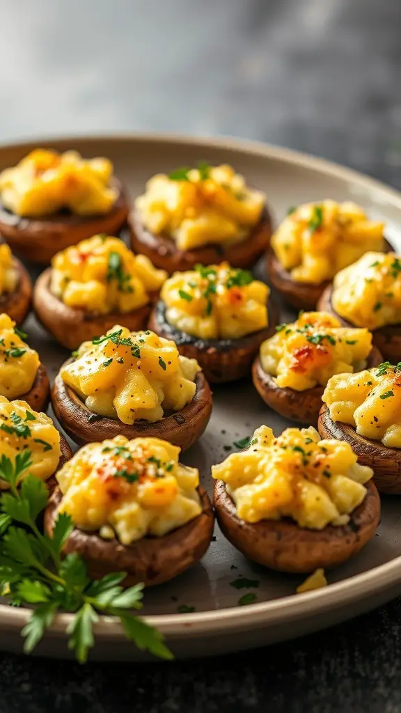 A platter of stuffed mushrooms filled with cheese and herbs, garnished with parsley.