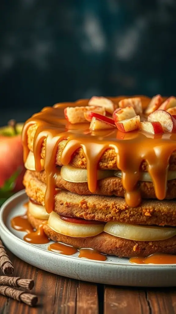 A delicious caramel apple cake with layers of cake and apple slices, topped with caramel sauce.