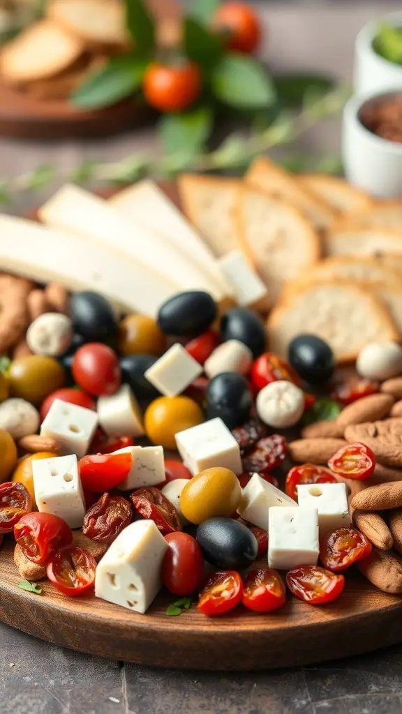 A Mediterranean winter charcuterie board featuring cheeses, olives, cherry tomatoes, nuts, and crackers.