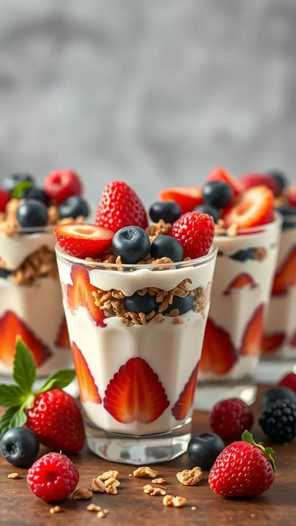 Colorful fruit and yogurt parfaits in clear cups, topped with strawberries, blueberries, and granola.