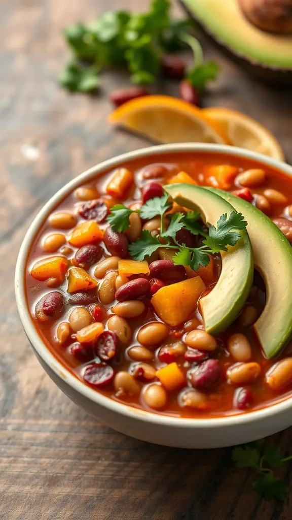 A bowl of vegetable and bean chili topped with avocado and cilantro.