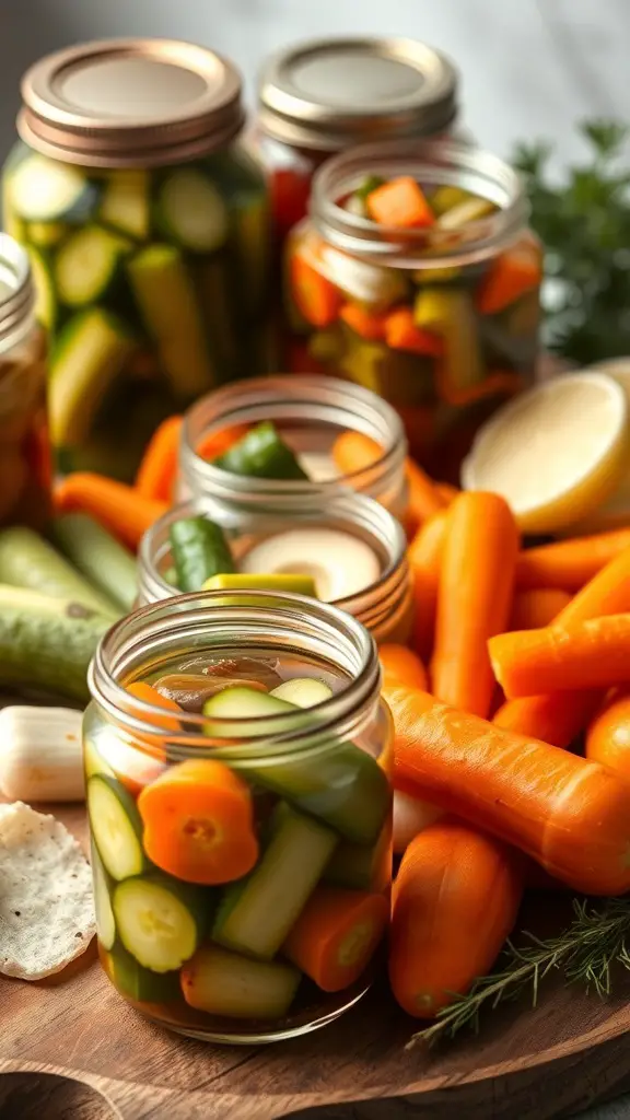 Various jars of pickled vegetables including cucumbers and carrots, with fresh carrots and herbs on a wooden board.