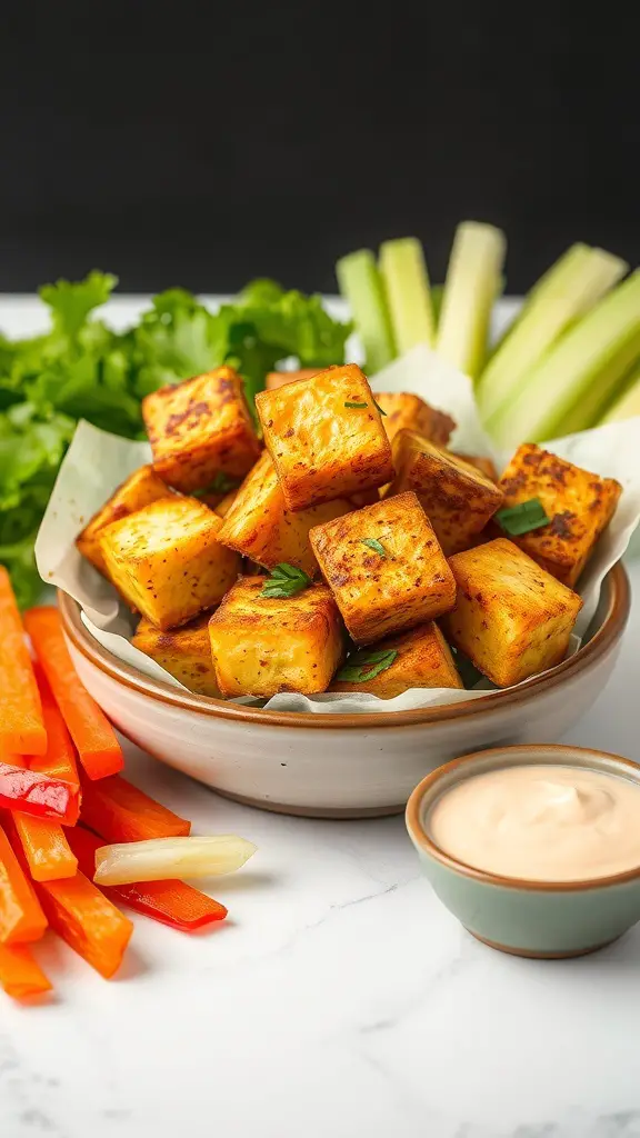 Bowl of crispy air fryer tofu bites with fresh vegetables and dipping sauce