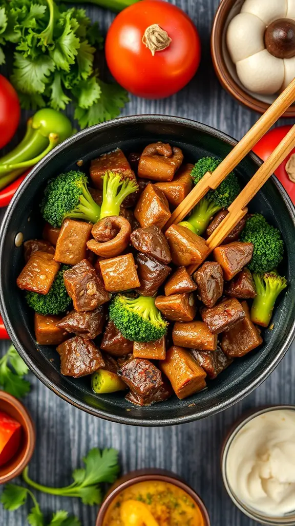 A bowl of beef and broccoli stir-fry with fresh vegetables around it.