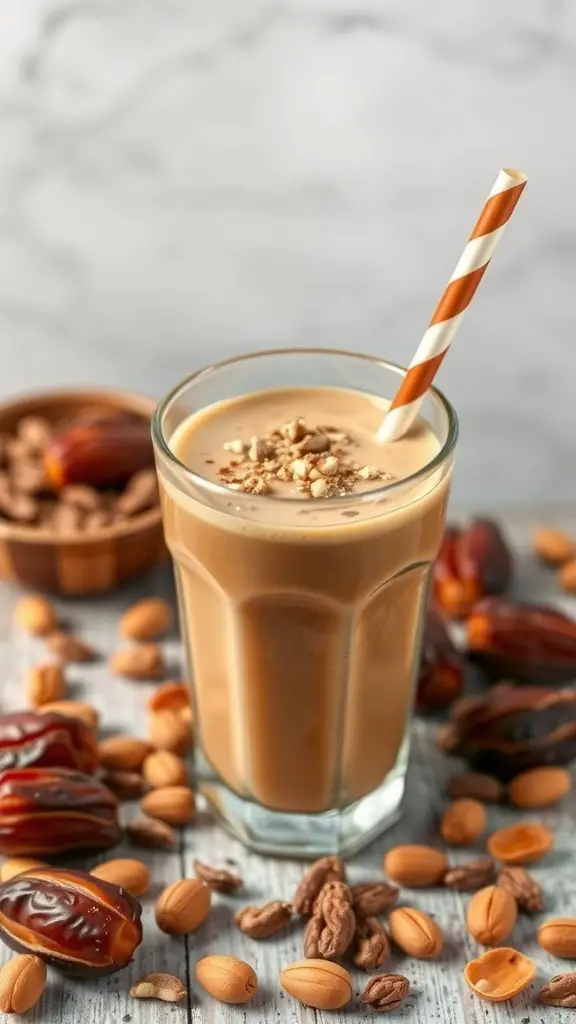 A glass of Nutty Caramel Date Smoothie with nuts and dates around it