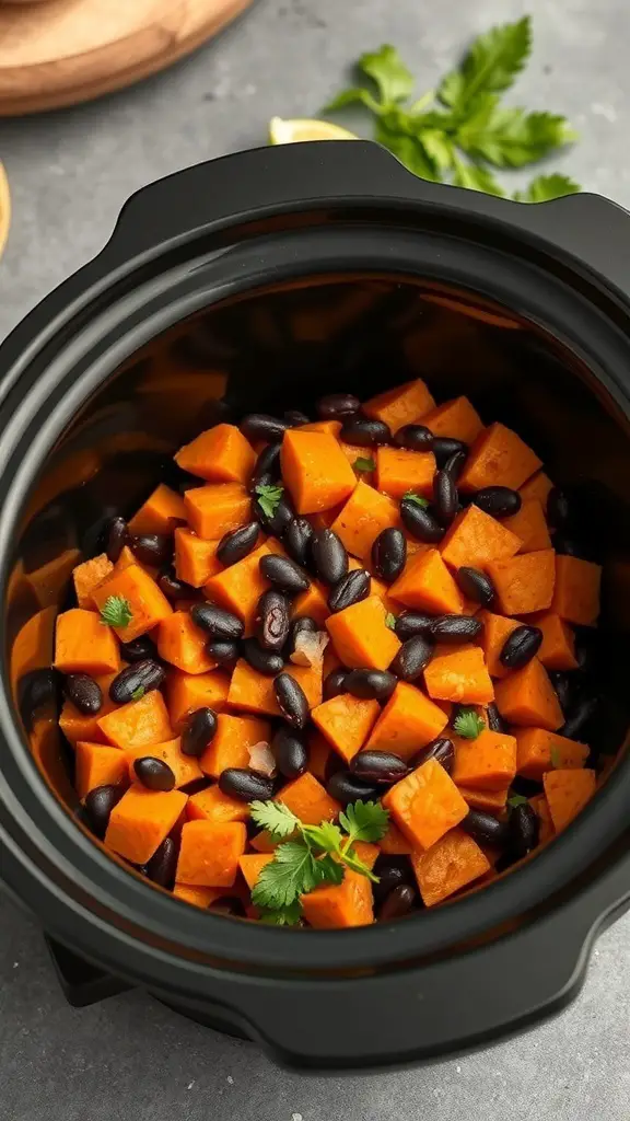 A slow cooker filled with diced sweet potatoes and black beans, garnished with fresh cilantro.