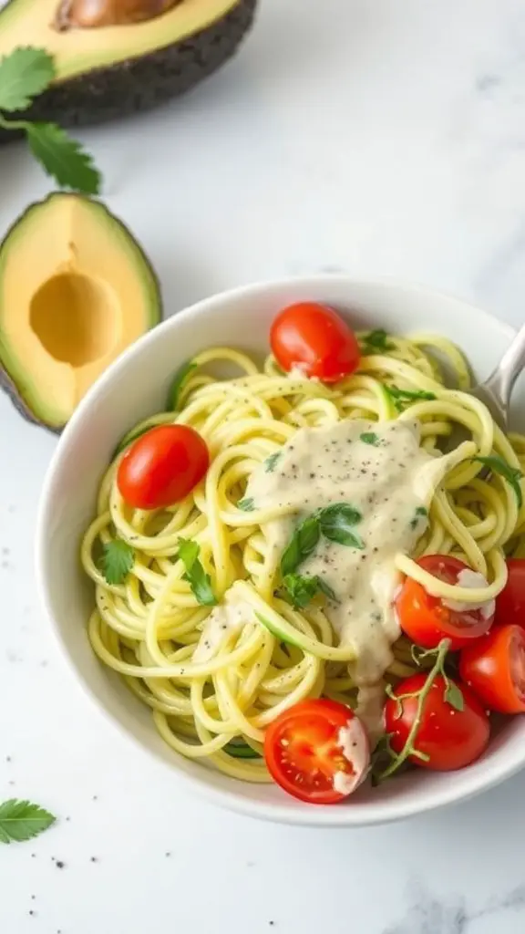 A bowl of zucchini noodles topped with avocado sauce and cherry tomatoes, with a halved avocado in the background.