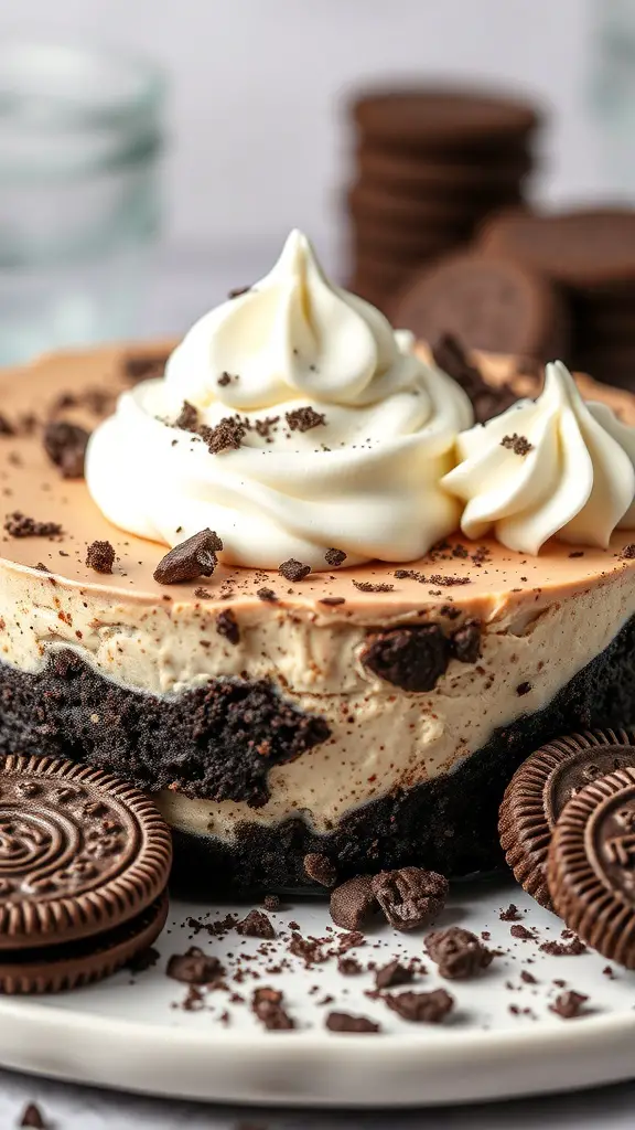 A delicious no-bake Oreo cheesecake topped with whipped cream and crushed Oreos, with whole Oreos on the side.