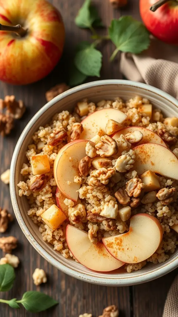 A bowl of quinoa topped with sliced apples and walnuts, garnished with cinnamon.