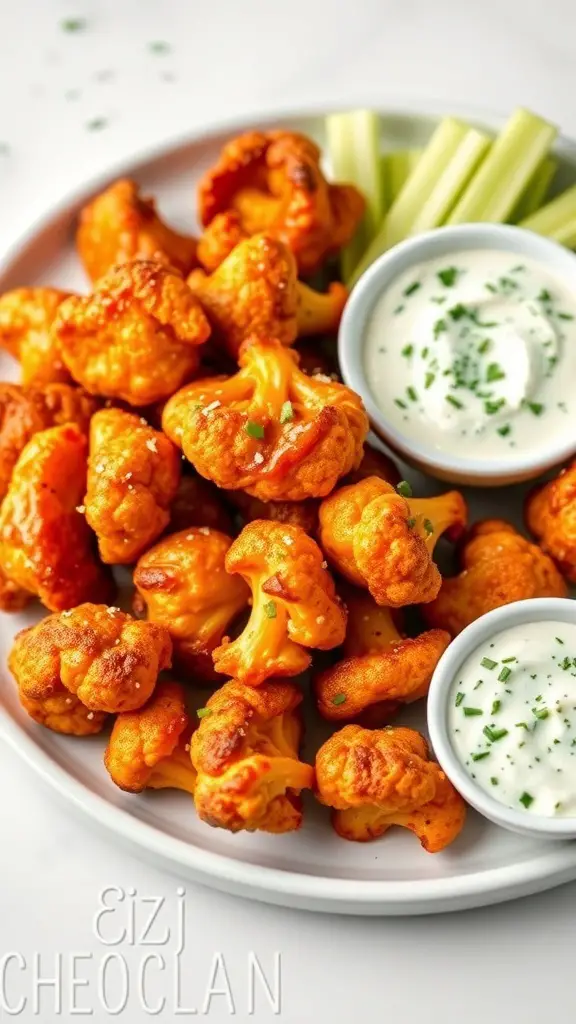 A plate of spicy buffalo cauliflower bites served with ranch dressing and celery sticks.