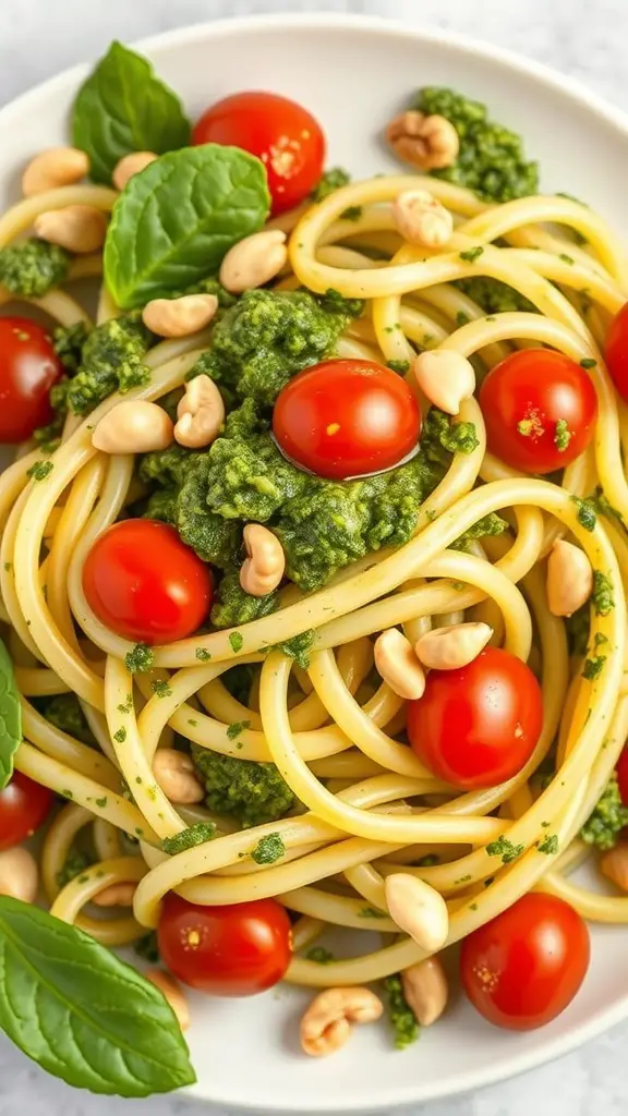 A plate of zucchini noodles topped with pesto, cherry tomatoes, and pine nuts.