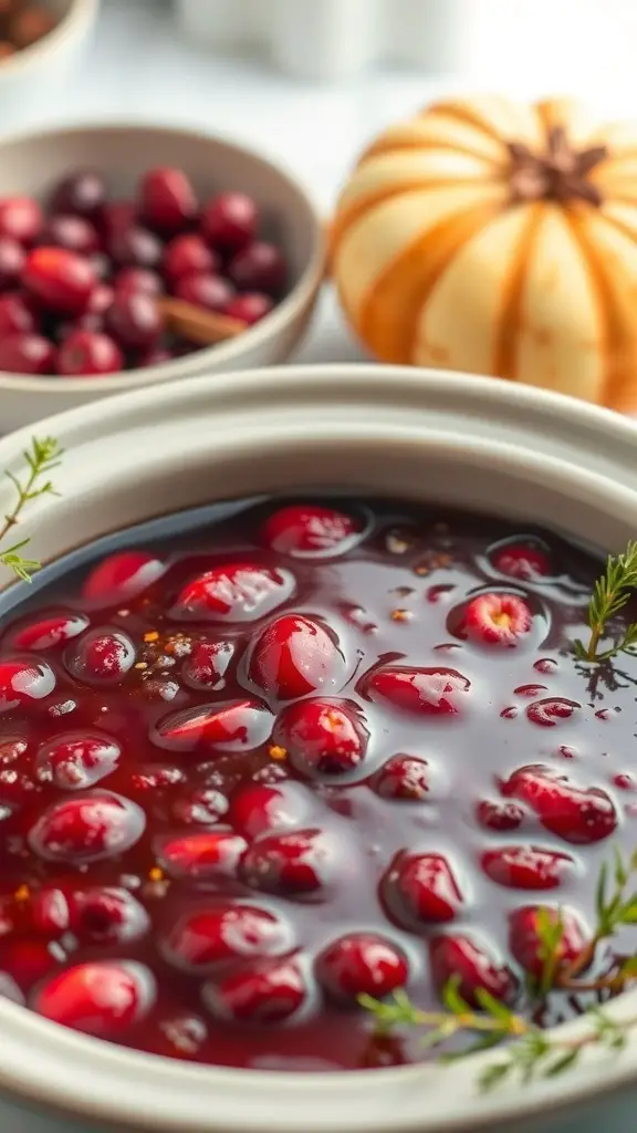 A bowl of sweet and spicy cranberry sauce surrounded by fresh cranberries and a decorative pumpkin.