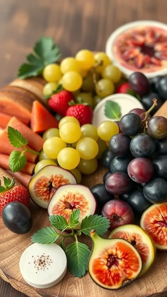 A colorful salad charcuterie board featuring a variety of fresh fruits including grapes, strawberries, and figs.