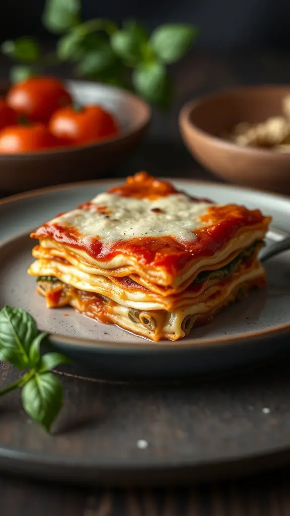 A delicious slice of Lasagna Classico with marinara sauce, garnished with fresh basil.