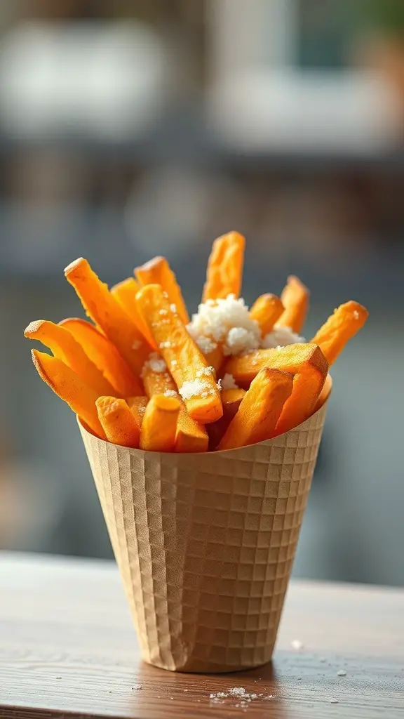 A cone filled with crispy sweet potato fries, lightly salted.