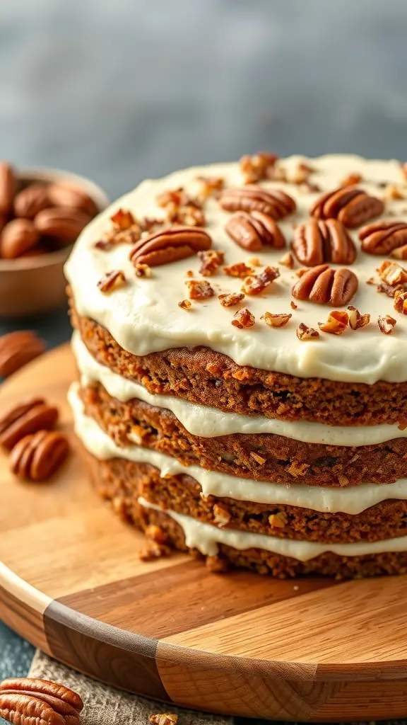 A three-layer Maple Pecan Cake topped with cream cheese frosting and pecans, placed on a wooden serving board.
