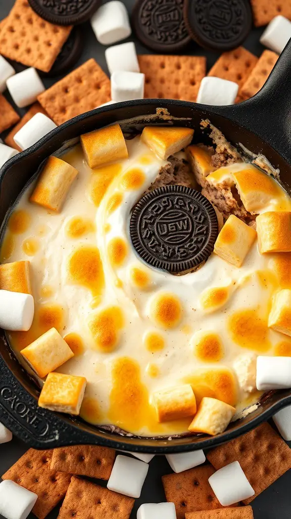 A warm Oreo S'mores Dip in a skillet, topped with marshmallows and Oreos, surrounded by graham crackers.