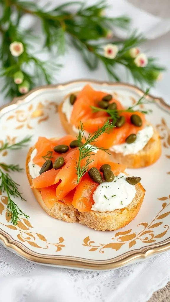 Smoked salmon and cream cheese bruschetta on a decorative plate with herbs