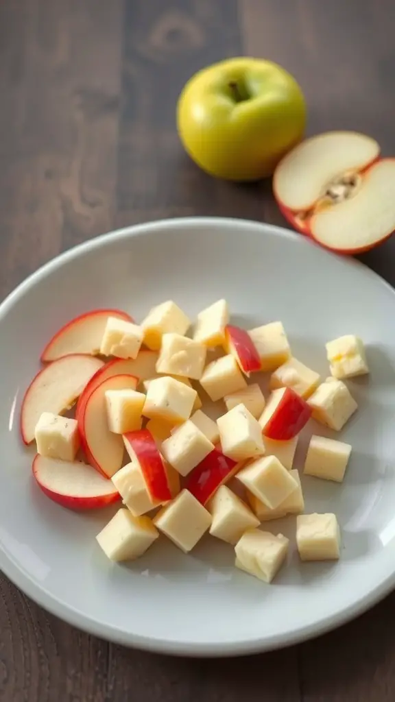 A plate with sliced apples and cubes of cheese, showcasing a healthy snack option for toddlers.