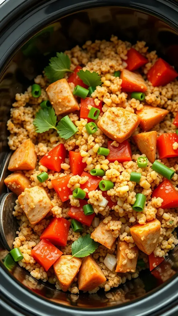 A colorful bowl of spicy turkey and quinoa with red peppers and green onions.