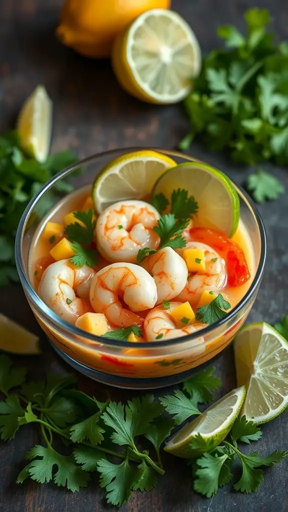 A bowl of shrimp ceviche with mango, garnished with lime and cilantro.