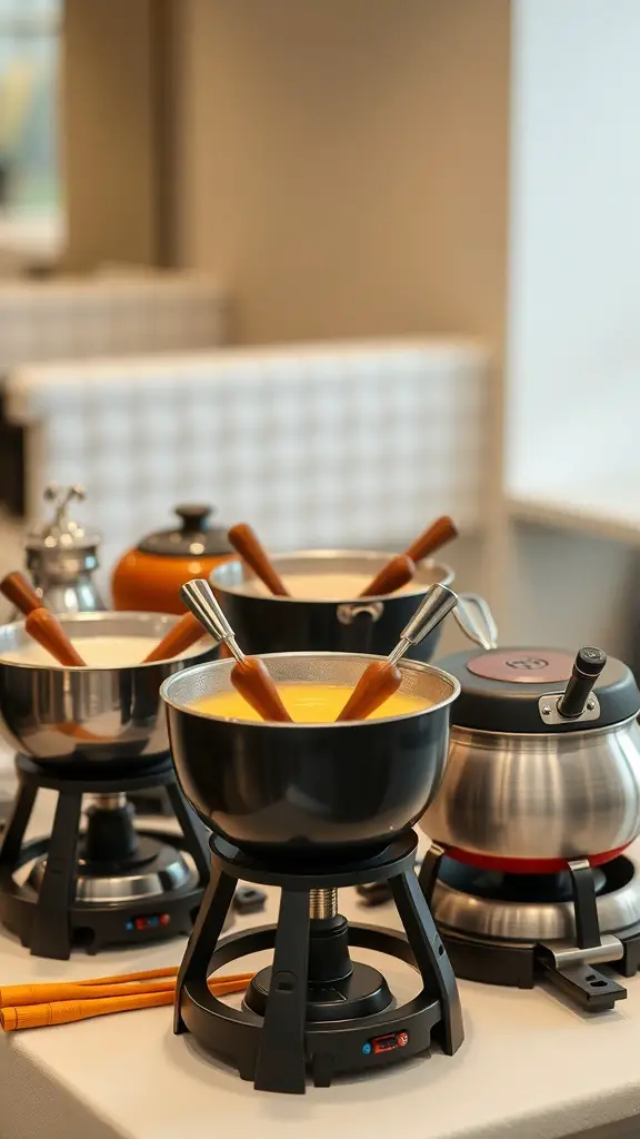 Various fondue pots set up for a dinner party, showcasing different styles and materials.