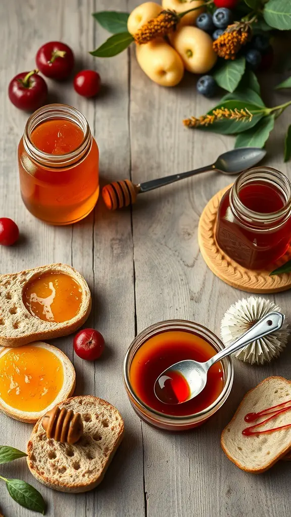 A variety of sweet spreads and jams on bagels, including honey, fruit preserves, and flavored cream cheese.