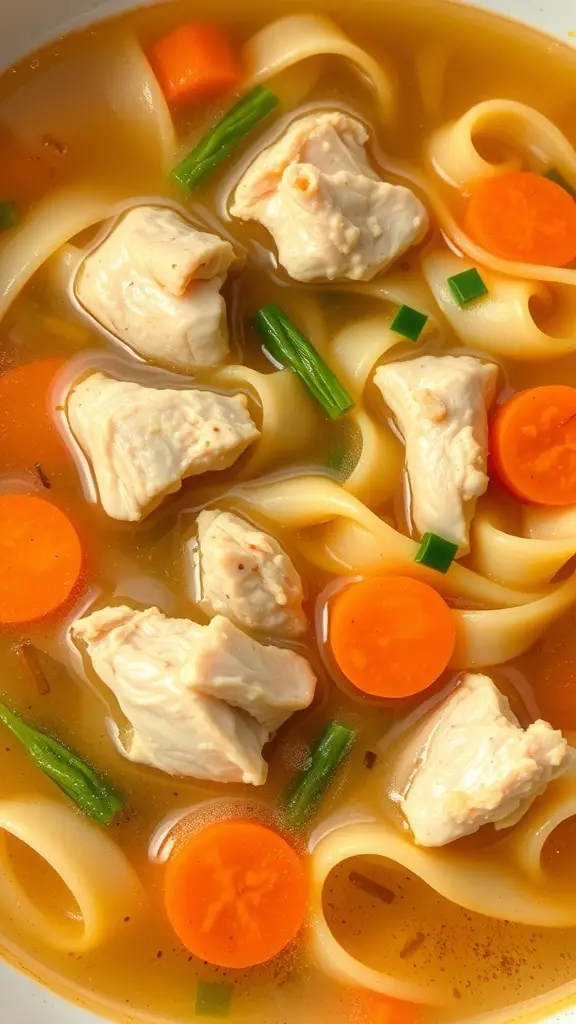 A bowl of classic chicken noodle soup with chicken pieces, carrots, and noodles in broth.