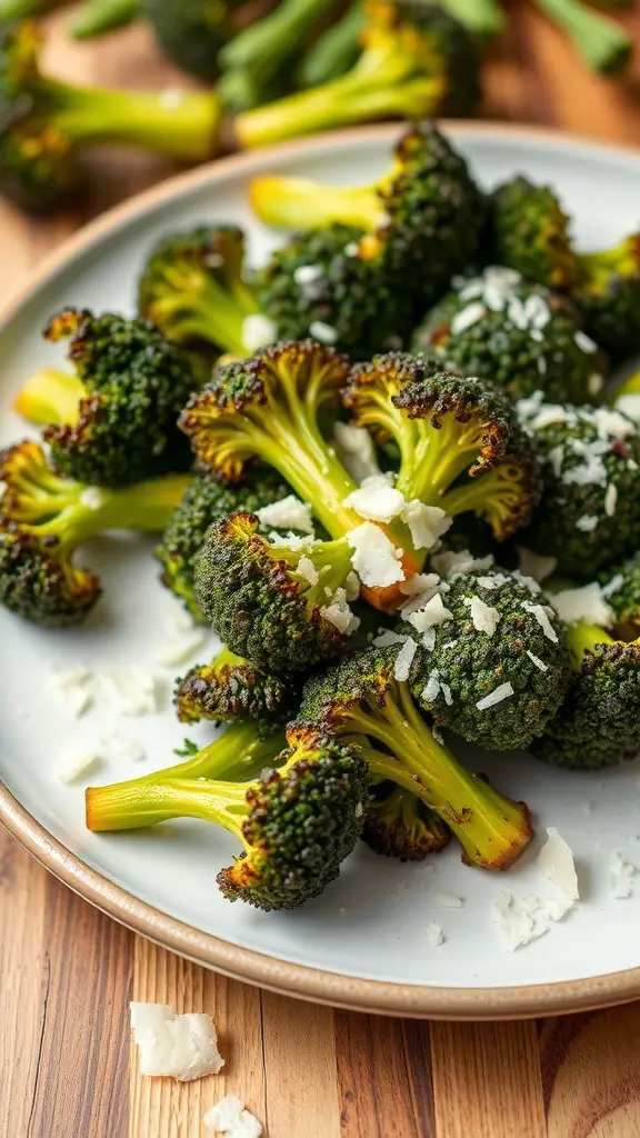 Plate of Garlic Parmesan Roasted Broccoli with cheese sprinkled on top