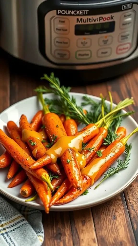A plate of Maple Dijon Glazed Carrots garnished with herbs, next to a multicooker.