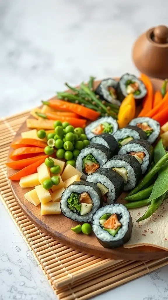 A wooden platter featuring sushi rolls, fresh vegetables, and fruits, showcasing an Asian-inspired charcuterie board.