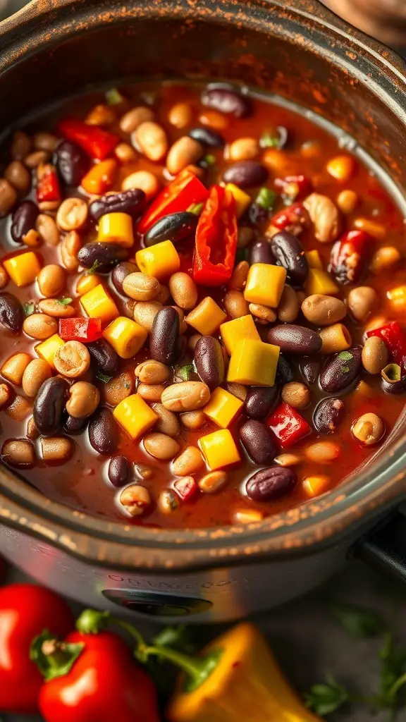 A pot of colorful vegetarian chili with beans and bell peppers