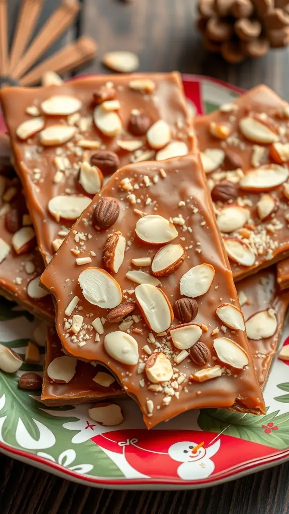 A plate of toffee bark topped with almonds, set against a festive background.