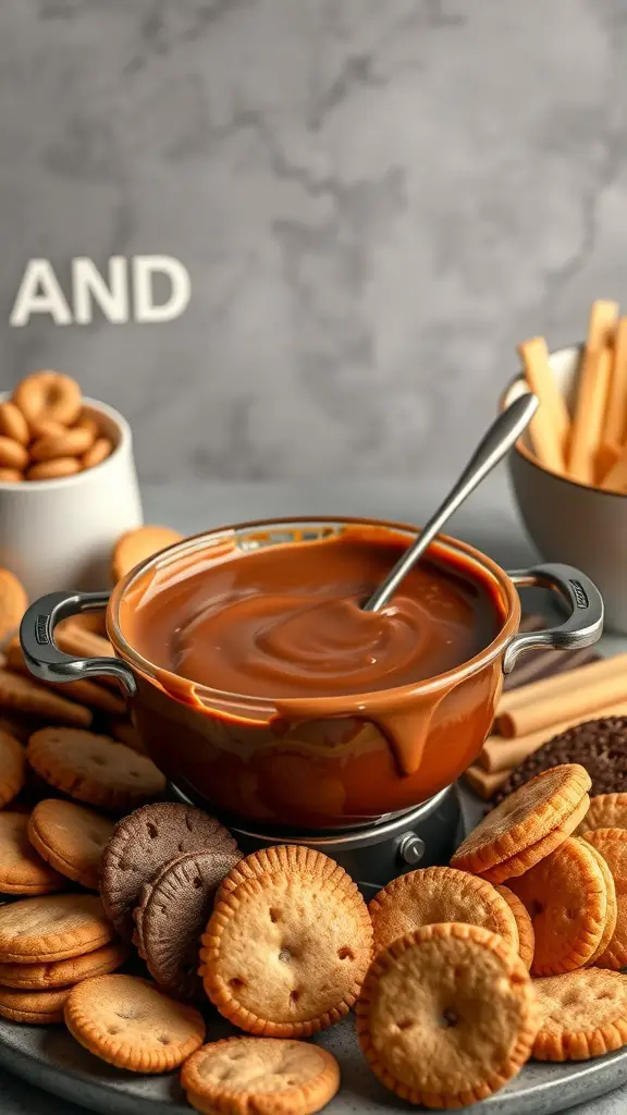 A pot of melted chocolate surrounded by various cookies and snacks for a fondue party.