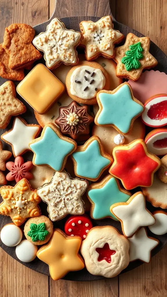 A variety of colorful cookies arranged on a wooden board.