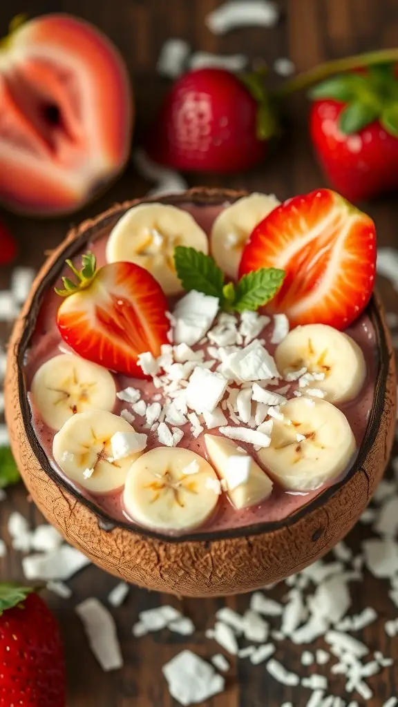 A smoothie bowl topped with banana slices, strawberries, and coconut flakes.