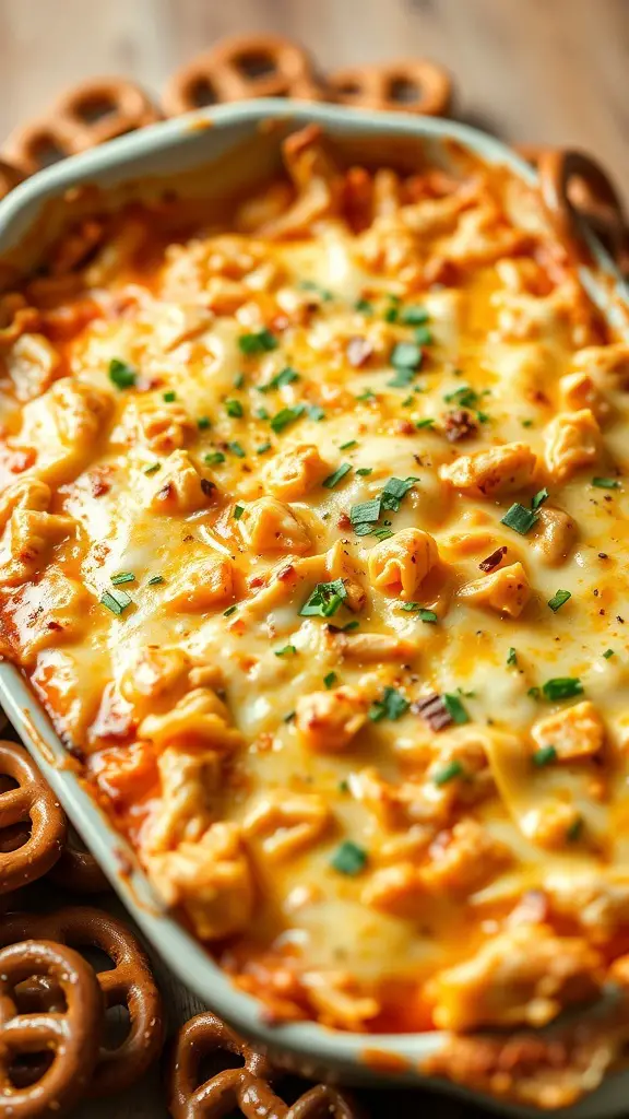 A bubbling dish of buffalo chicken dip topped with melted cheese and fresh herbs, surrounded by pretzels.