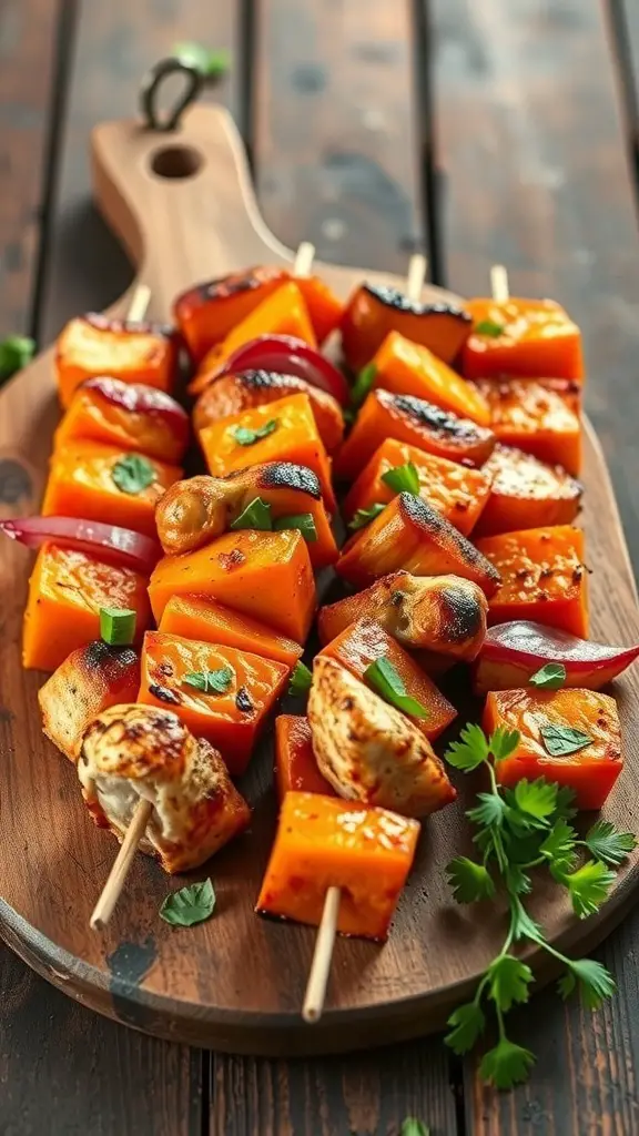 Grilled chicken and sweet potato skewers on a wooden platter
