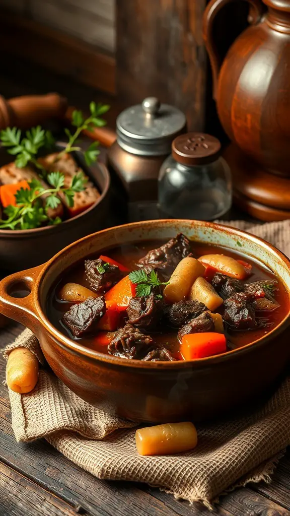 A bowl of hearty beef stew with carrots and potatoes, surrounded by rustic kitchen items.