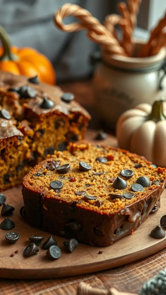 A loaf of chocolate chip pumpkin bread with slices cut, surrounded by pumpkins and decorative elements.