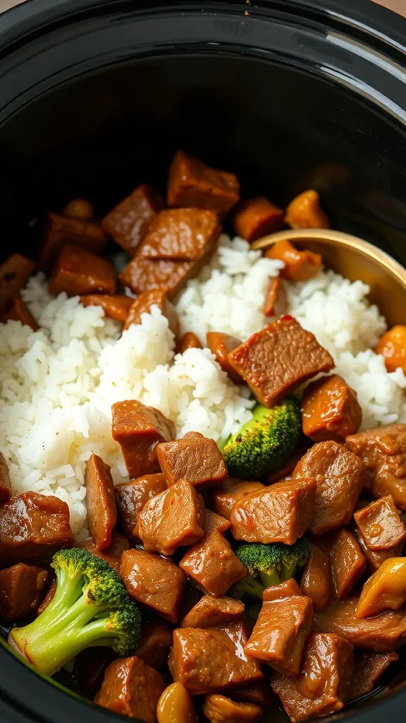 A crockpot filled with beef, broccoli, and rice, showcasing a delicious stir-fry meal.