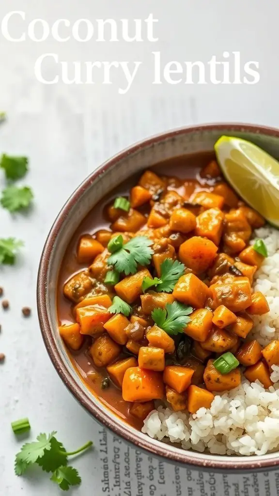 A bowl of Coconut Curry Lentils with sweet potatoes, rice, and fresh herbs