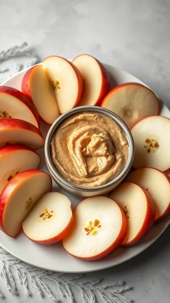 A plate of apple slices arranged around a bowl of almond butter