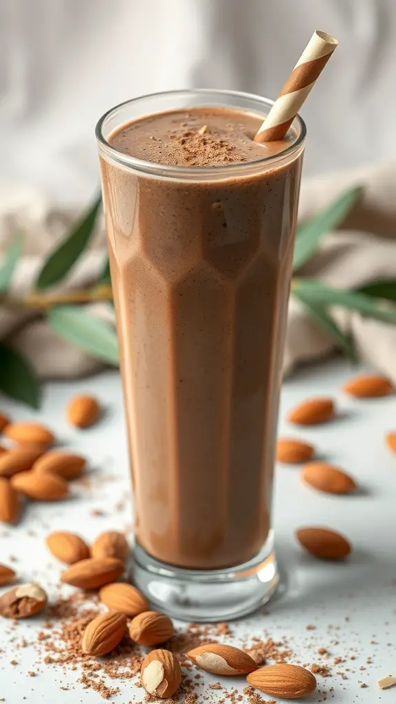 Chocolate Almond Joy Smoothie in a tall glass with almonds scattered around