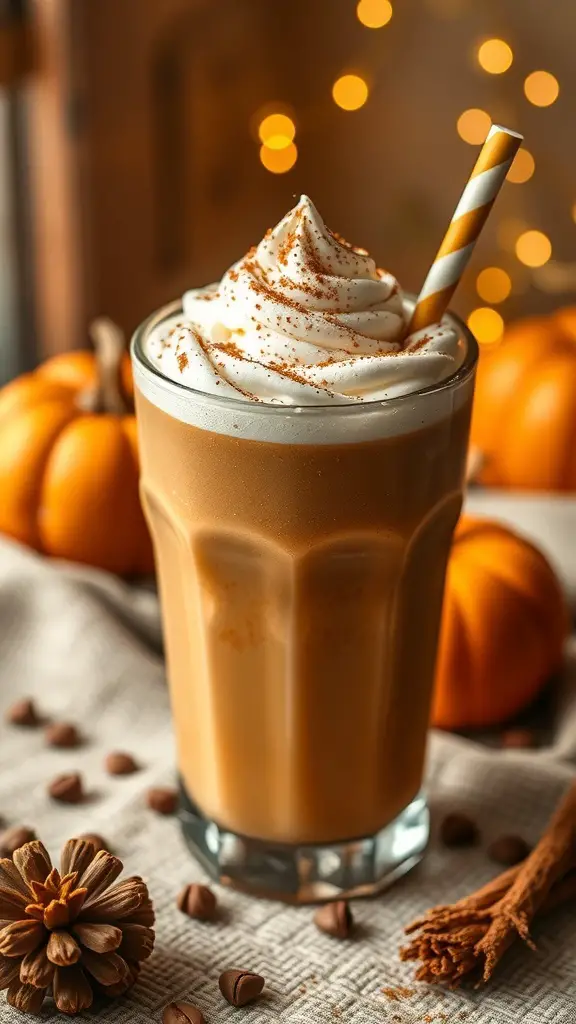 A pumpkin spice smoothie topped with whipped cream and cinnamon, surrounded by pumpkins and coffee beans.