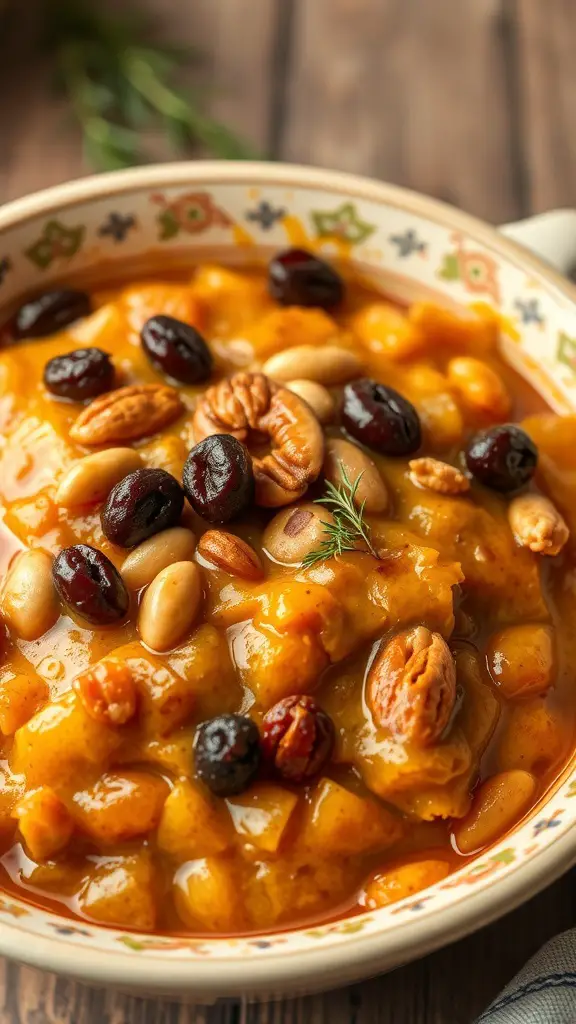 A bowl of capirotada, a traditional Mexican bread pudding topped with nuts and dried fruits.