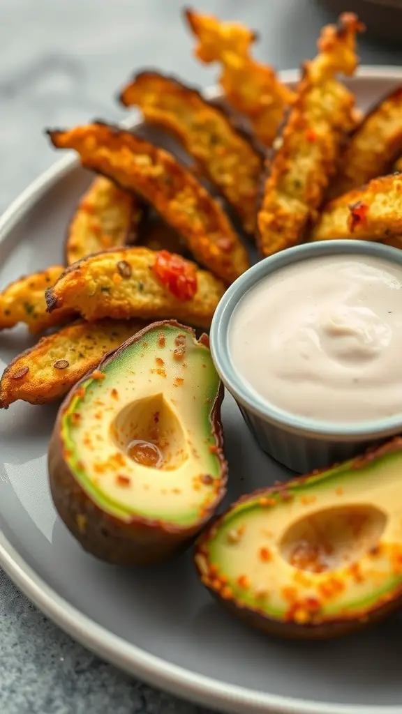A plate of baked avocado fries served with a dipping sauce.