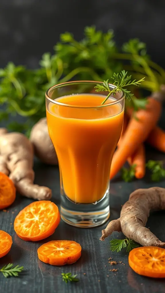 A glass of Spicy Ginger Carrot Elixir surrounded by fresh carrots and ginger.
